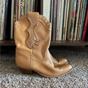 Vintage Western Leather Cowboy Boots Woven Fringe Pointed Toe